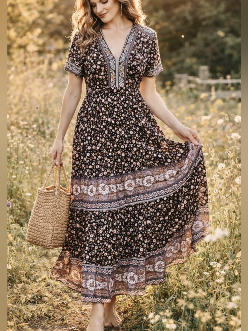 Knox Rose Floral Boho Midi Dress – Cottage Prairie Style XS